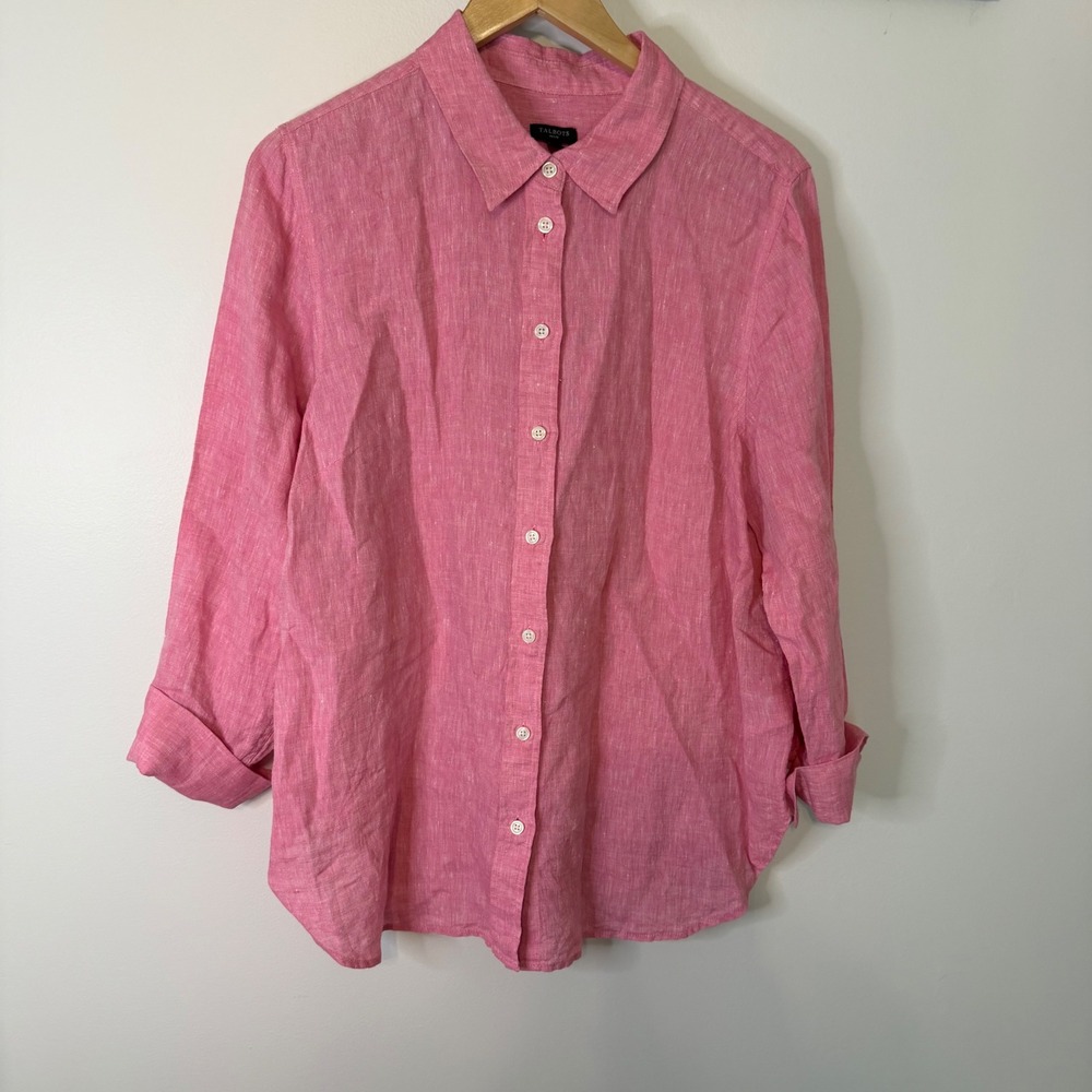 Talbots Petite XL Pink 100% Linen Button Down Shirt Long Sleeve Blouse